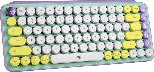 A wireless mechanical keyboard with a vintage aesthetic, featuring white keys with yellow, purple, and green accent keys, and the Logitech brand logo visible.